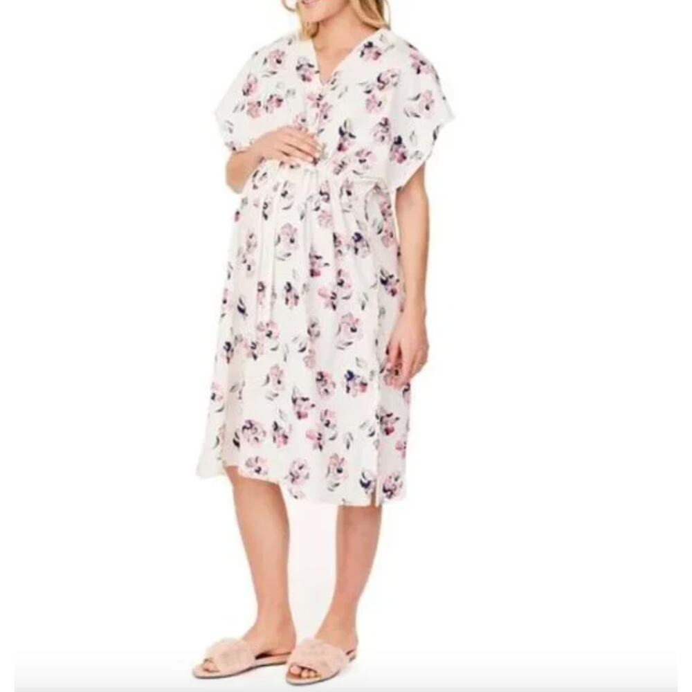 Maternity Floral Nursing Nightgown - White with Pink Floral